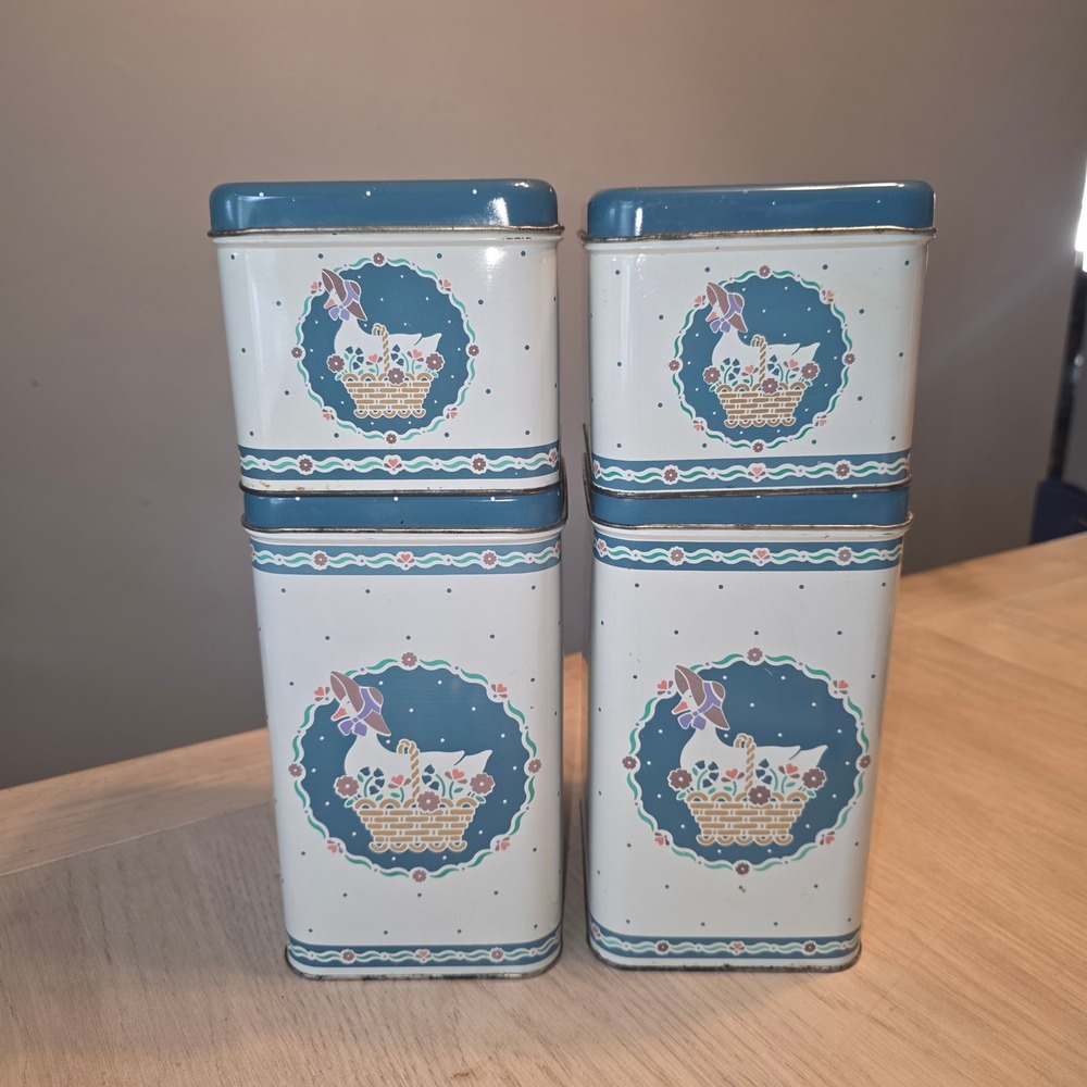 Vintage 1987 Cheinco Country Goose Metal Canister Set 4 Piece Blue White Tins - Picture 2 of 9